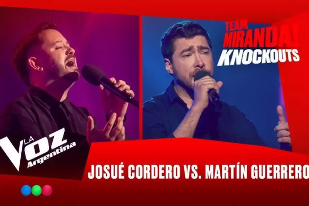 Dos hombres cantan en un escenario durante una competencia de La Voz Argentina, uno con fondo violeta y otro con fondo azul, con el texto Josué Cordero vs. Martín Guerrero y Team Miranda Knockouts.