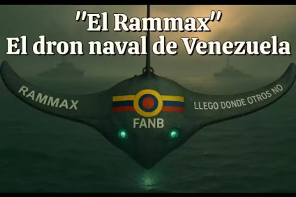 Venezuelan naval drone called Rammax shaped like a manta ray over the sea with ships in the background, accompanied by explanatory text at the top