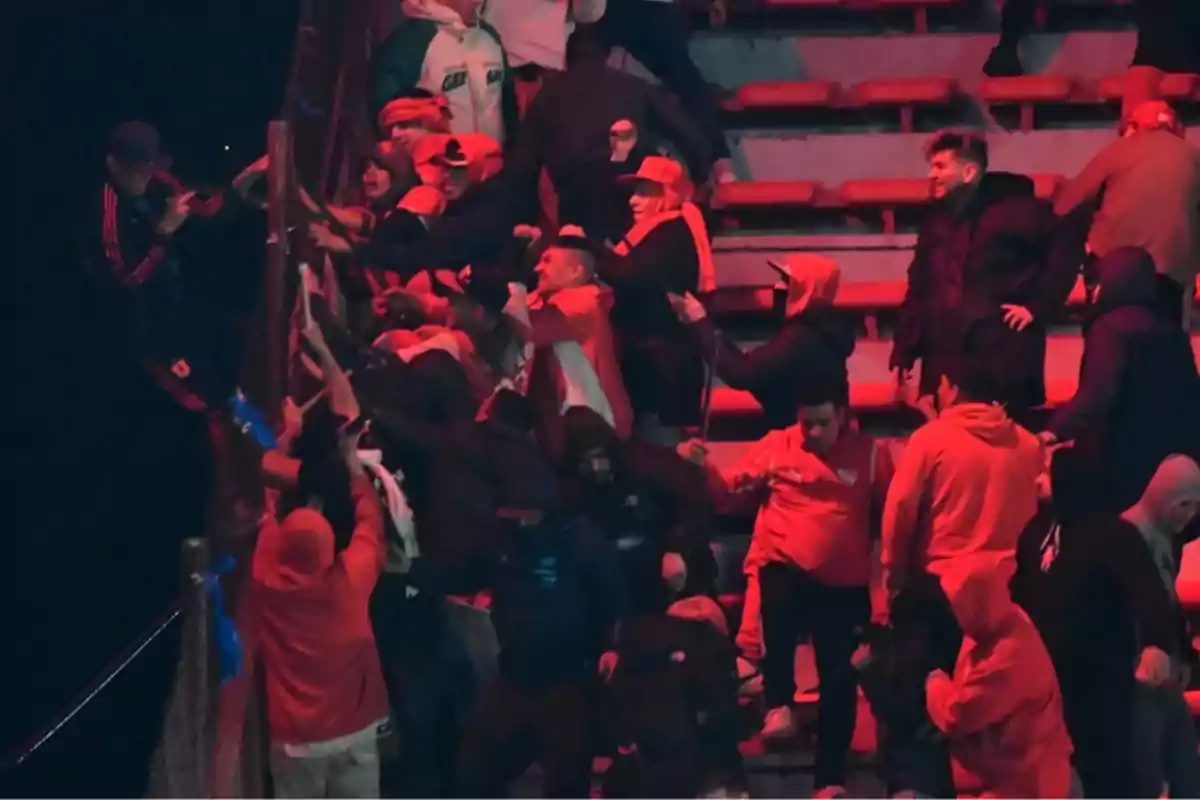 Fans in a stadium stand pushing and shoving near a fence under red light Fans in a stadium stand pushing and shoving near a fence under red light