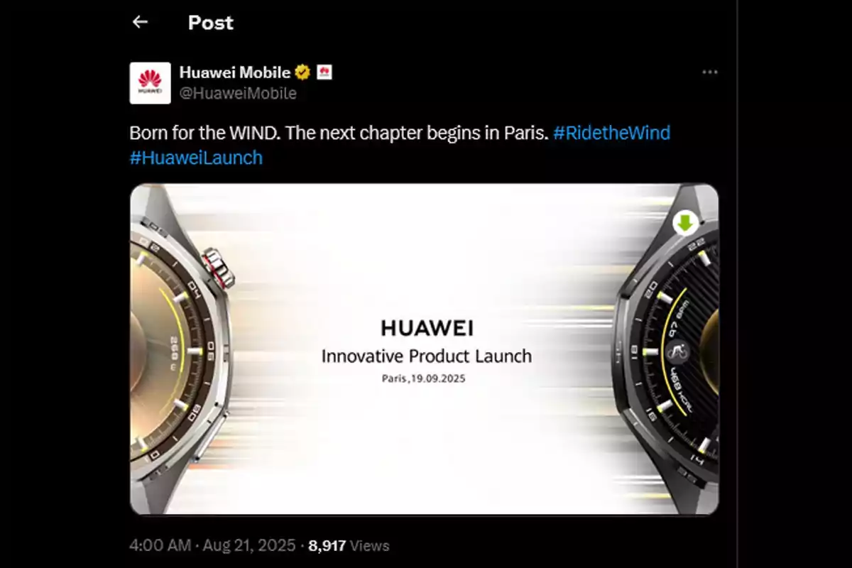 Publicación de Huawei Mobile anunciando el lanzamiento de un producto innovador en París el 19 de septiembre de 2025 con la imagen de dos relojes inteligentes en los bordes y los hashtags #RidetheWind y #HuaweiLaunch Publicación de Huawei Mobile anunciando el lanzamiento de un producto innovador en París el 19 de septiembre de 2025 con la imagen de dos relojes inteligentes en los bordes y los hashtags #RidetheWind y #HuaweiLaunch