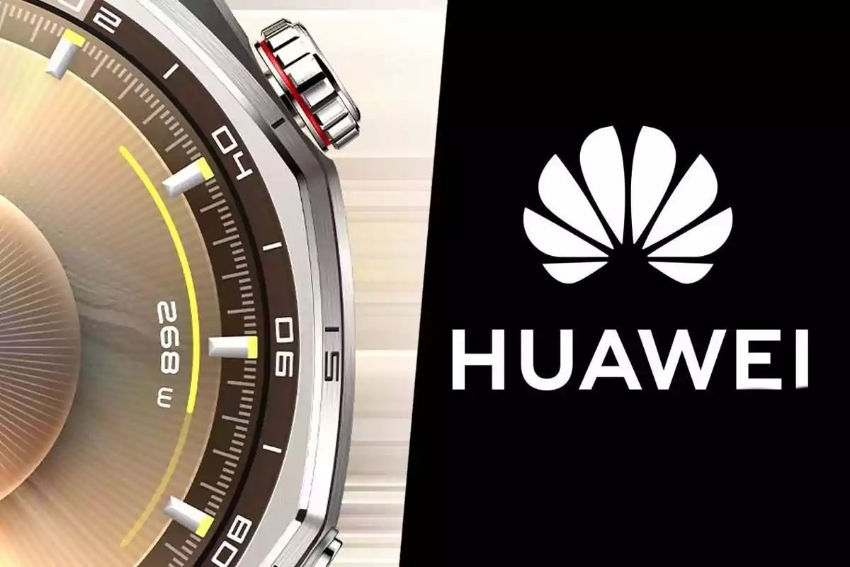 Primer plano de un reloj inteligente junto al logotipo de Huawei sobre fondo negro