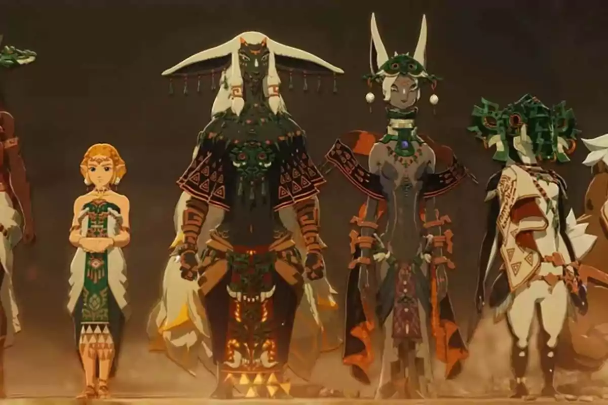 Several fantasy-style characters with elaborate clothing and tribal details are standing in a row against a dark background. Several fantasy-style characters with elaborate clothing and tribal details are standing in a row against a dark background.