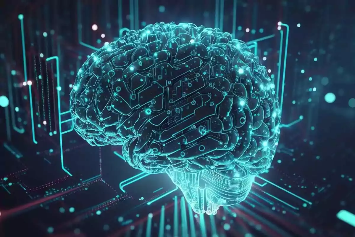 Brilliant digital brain with circuits and blue lights on a futuristic technological background Brilliant digital brain with circuits and blue lights on a futuristic technological background