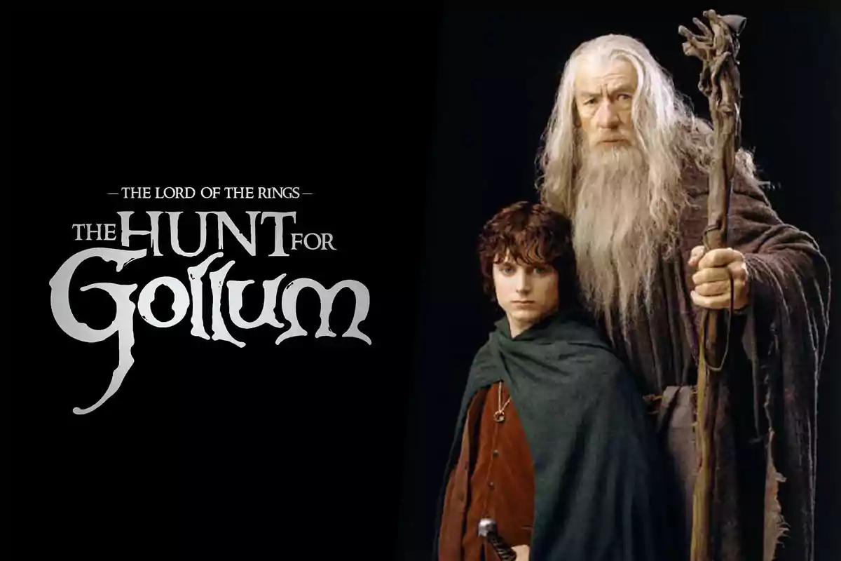 Two characters from The Lord of the Rings, one with a green cloak and the other with a beard and staff, next to the title The Hunt for Gollum on a black background