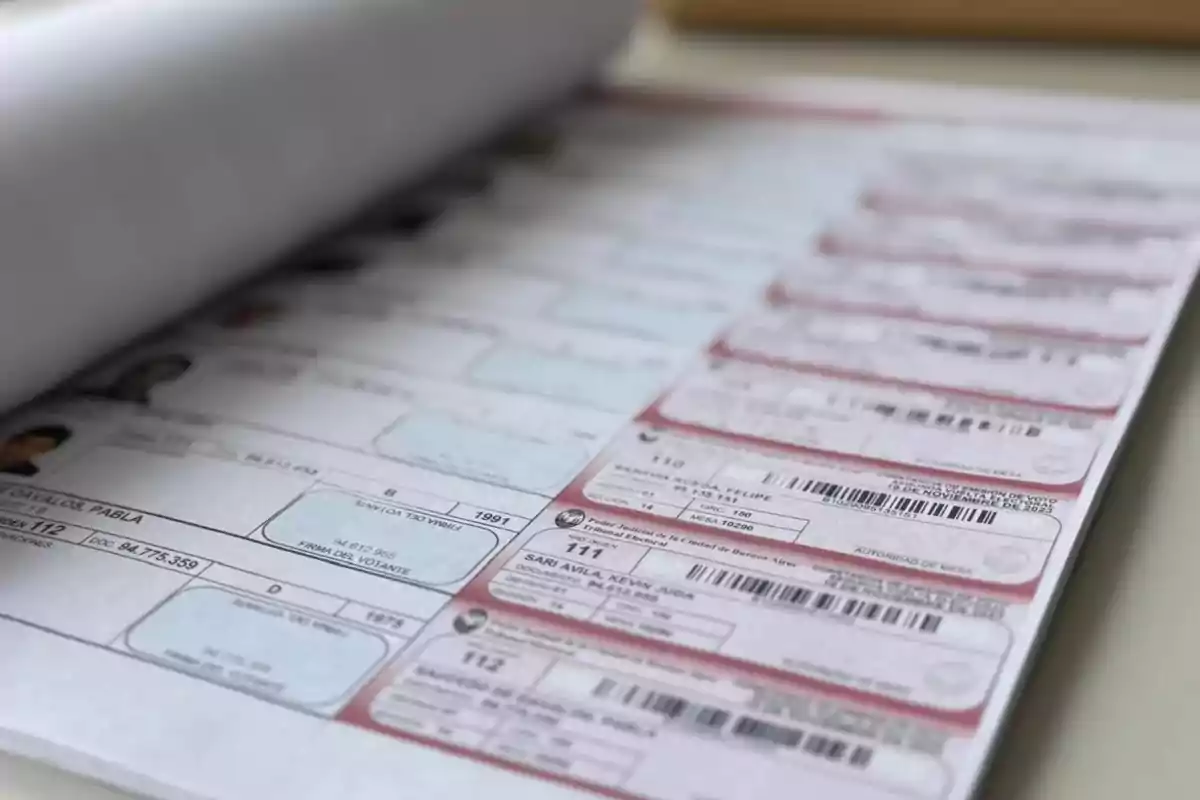 Padrón electoral en papel con datos y fotografías de votantes en una mesa de votación Padrón electoral en papel con datos y fotografías de votantes en una mesa de votación
