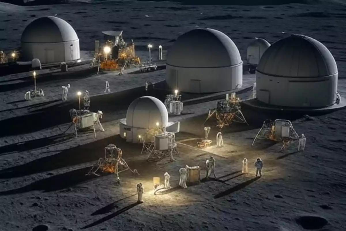 Base lunar futurista con varios domos, módulos y astronautas trabajando en la superficie iluminada de la Luna