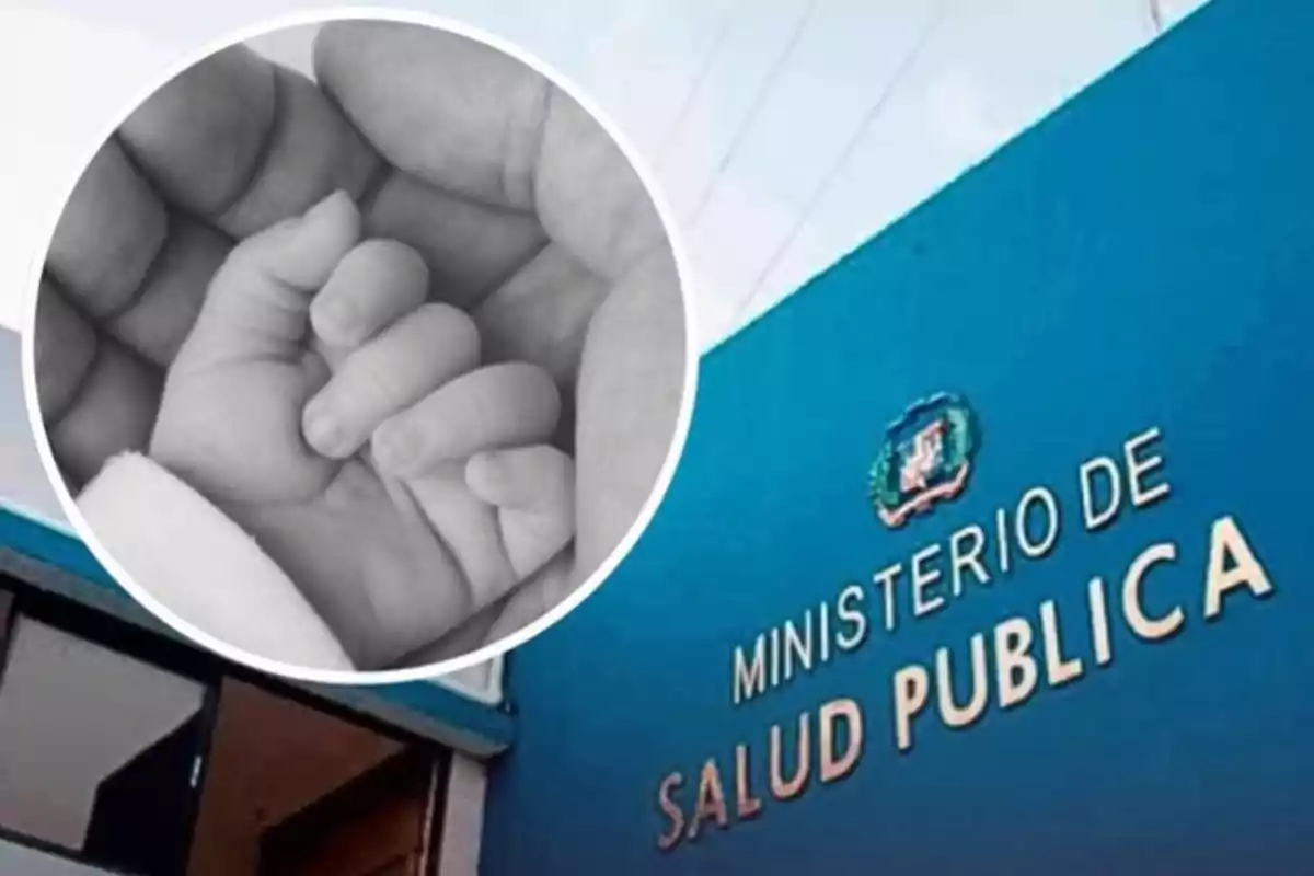 Edificio del Ministerio de Salud Pública con un recuadro que muestra la mano de un adulto sosteniendo la mano de un bebé