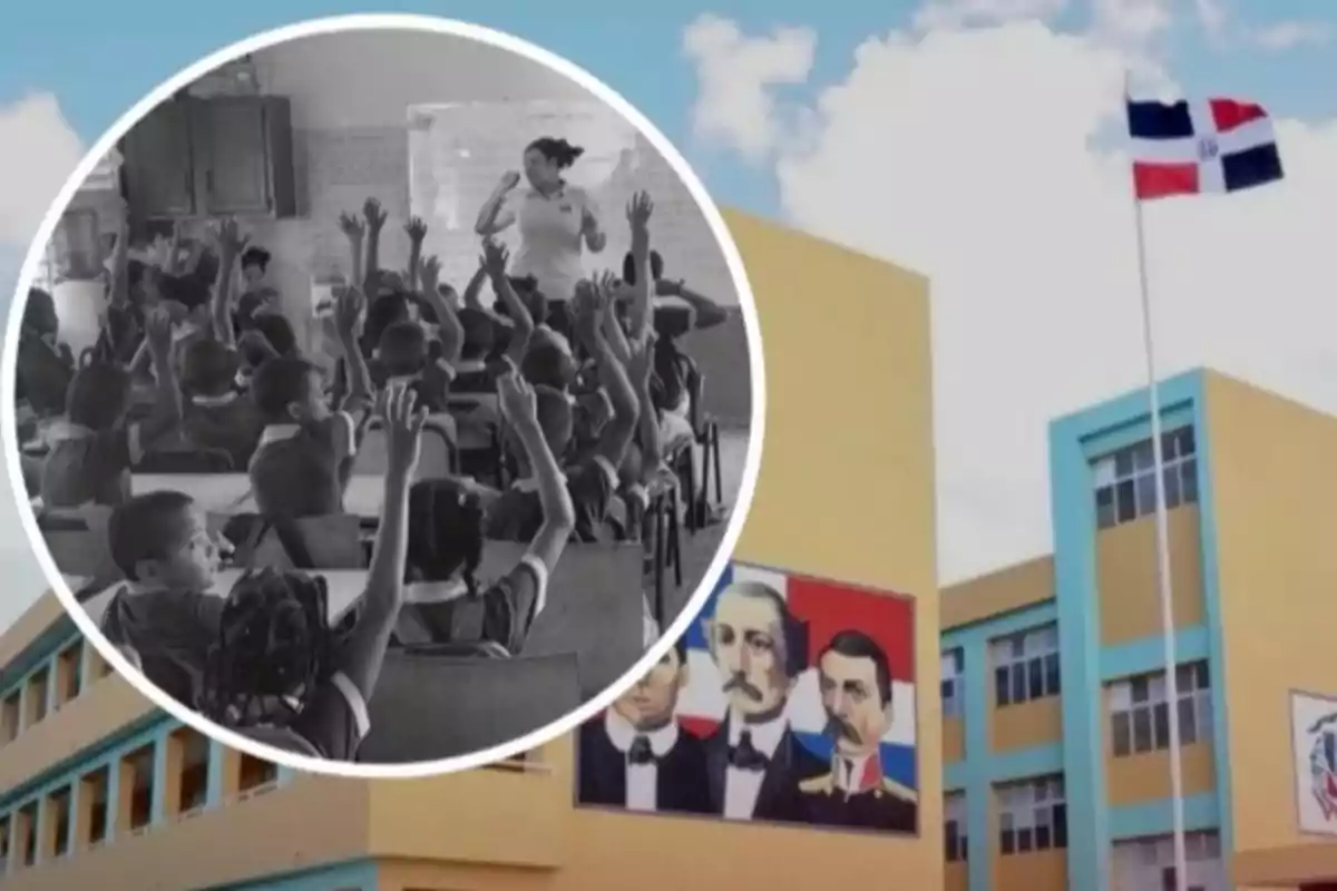 Un grupo de niños en un aula levantando la mano y una maestra al frente, sobrepuesto a la imagen de una escuela con la bandera dominicana ondeando y un mural de próceres en la fachada.