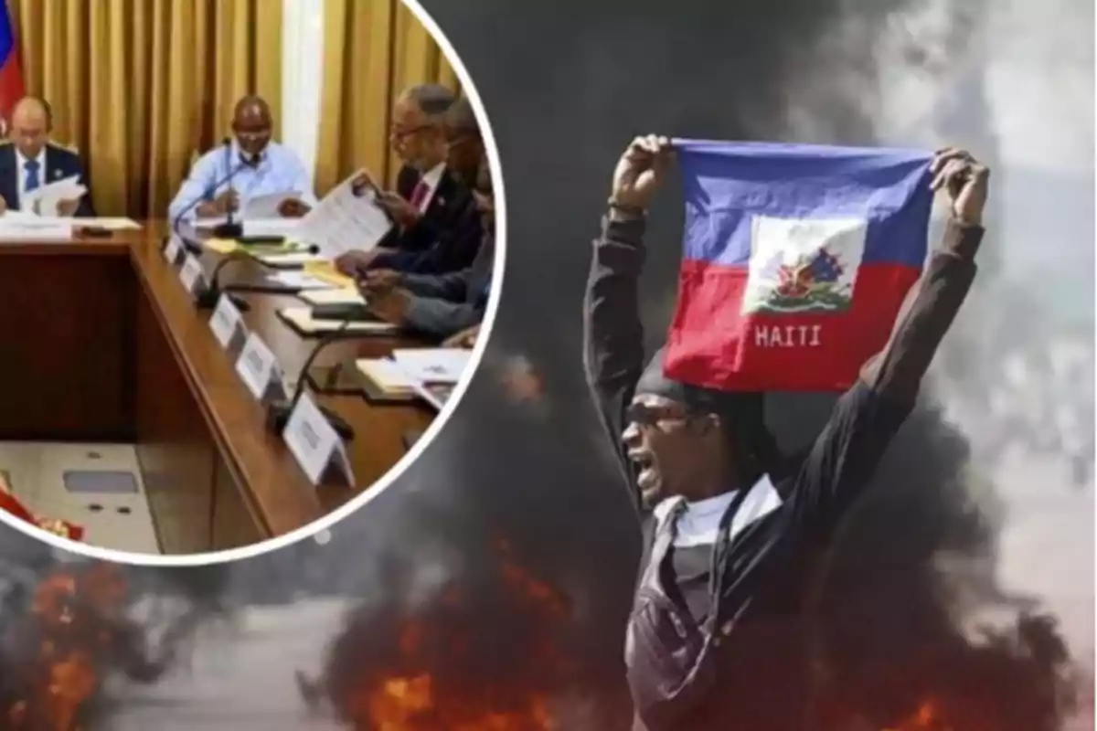 Un hombre sostiene una bandera de Haití mientras grita frente a una escena de humo y fuego, en la esquina se muestra una reunión de varias personas sentadas en una mesa con documentos.