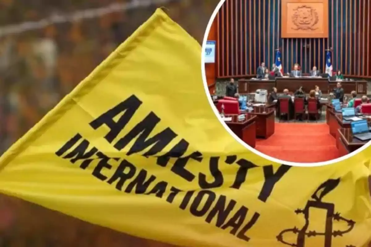 Bandera amarilla de Amnistía Internacional en primer plano y al fondo una sala parlamentaria con personas reunidas