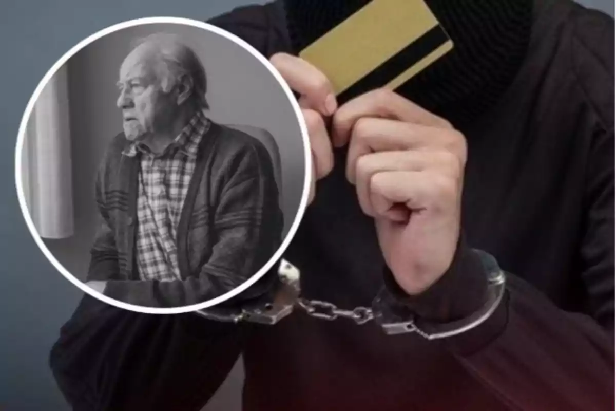 Persona mayor pensativa en blanco y negro junto a la imagen de un individuo esposado sosteniendo una tarjeta bancaria, sugiriendo un posible caso de fraude o estafa a personas mayores