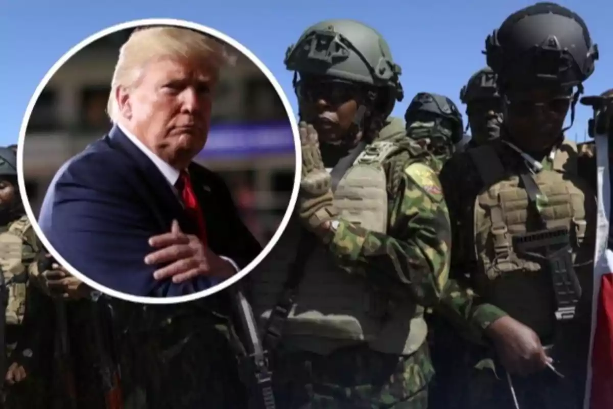 Un hombre de traje con gesto serio aparece en un círculo sobrepuesto a un grupo de soldados con uniforme militar y cascos