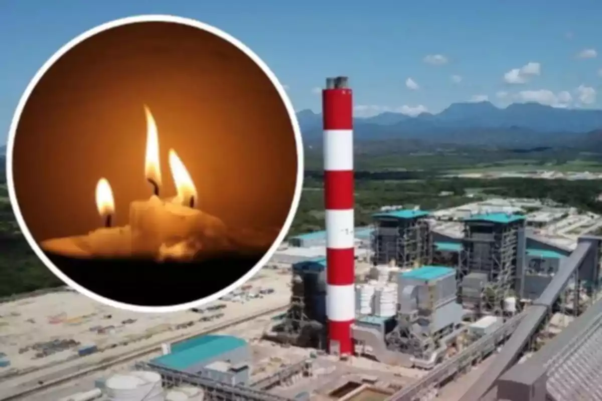 Una vela encendida en primer plano dentro de un círculo sobre la imagen de una planta termoeléctrica con una chimenea roja y blanca y montañas al fondo