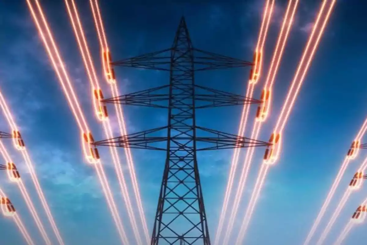 Torre de alta tensión con cables eléctricos brillando en un cielo azul al atardecer