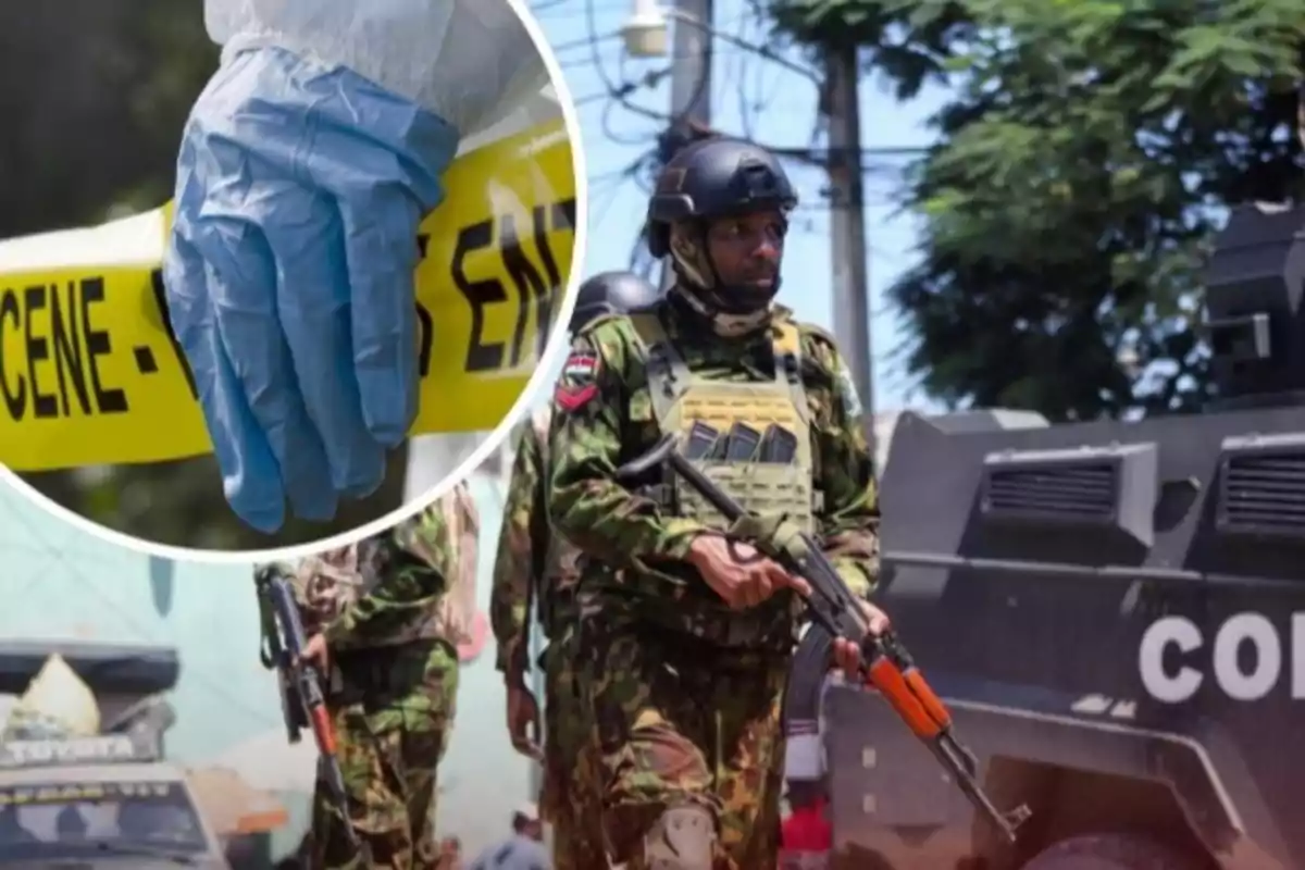 Un soldado armado con uniforme de camuflaje y chaleco antibalas camina junto a un vehículo blindado mientras en la esquina superior izquierda se muestra un primer plano de una mano con guante azul sosteniendo una cinta de escena del crimen