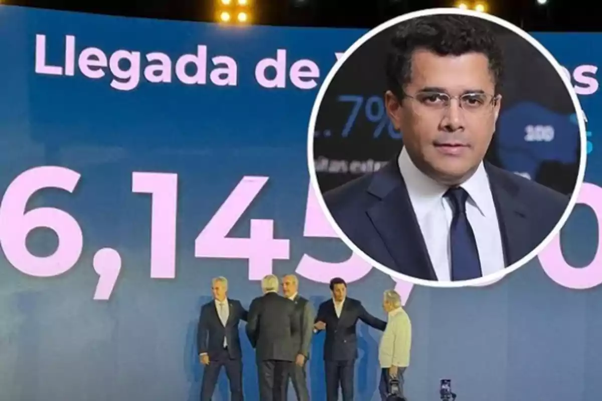 Un grupo de hombres de pie frente a una pantalla gigante con cifras y texto, con un recuadro que muestra el retrato de un hombre con gafas y traje. Un grupo de hombres de pie frente a una pantalla gigante con cifras y texto, con un recuadro que muestra el retrato de un hombre con gafas y traje.
