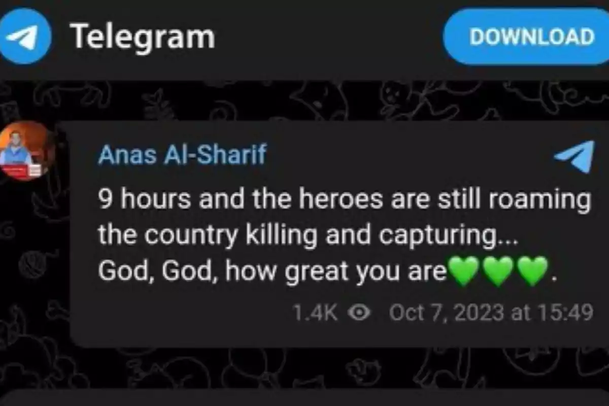 Screenshot of a message on Telegram where a user expresses admiration for violent actions and uses green hearts at the end of the text Screenshot of a message on Telegram where a user expresses admiration for violent actions and uses green hearts at the end of the text