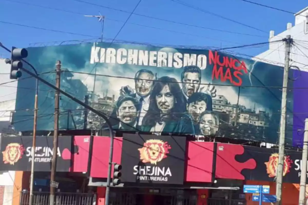 Billboard with the phrase "Kirchnerism never again" and caricatures of politicians as zombies against a backdrop of shantytowns and a cloudy sky
