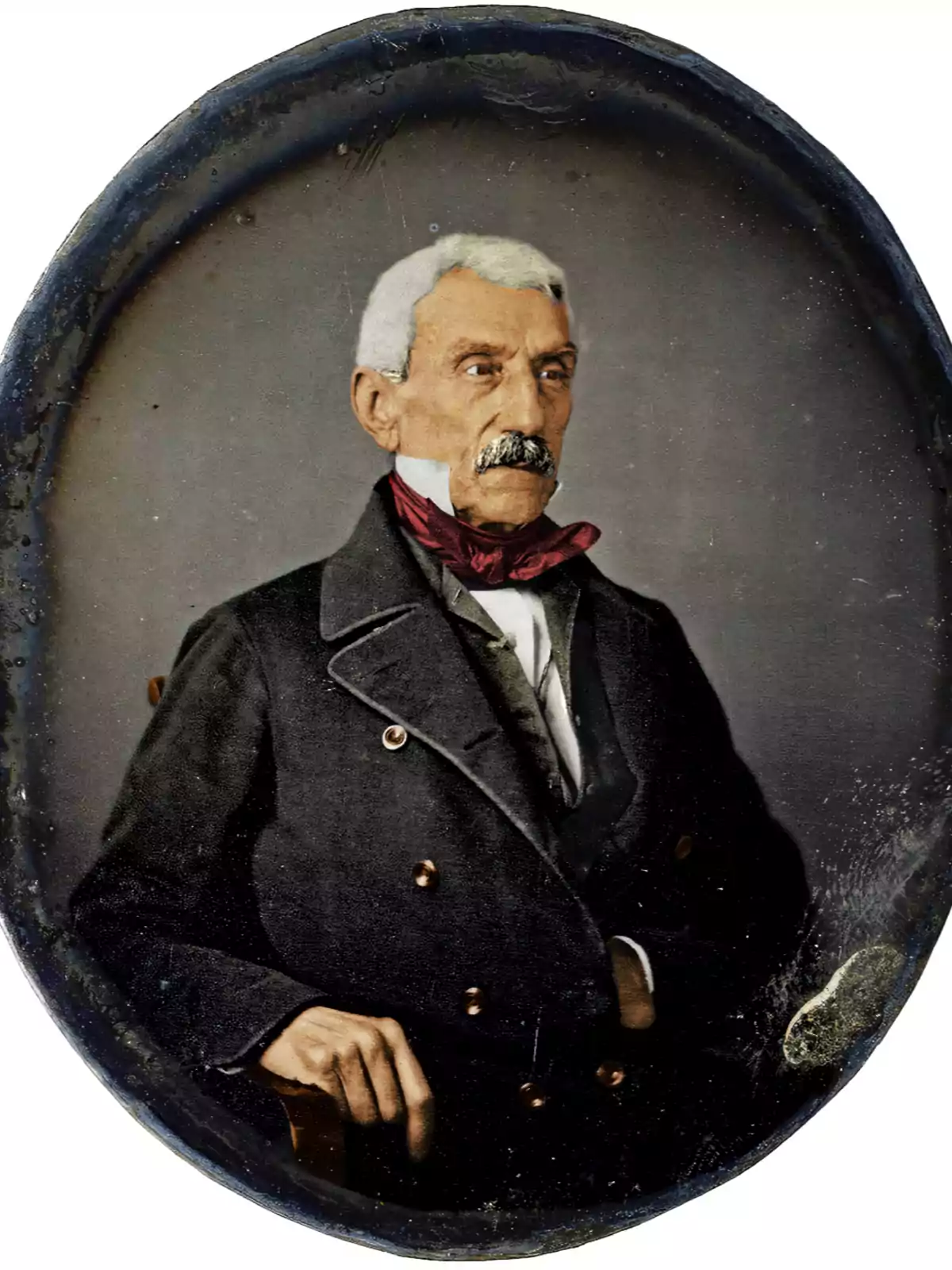Old portrait of an elderly man with gray hair and a mustache, dressed in a dark jacket and red tie, sitting and looking to the side Old portrait of an elderly man with gray hair and a mustache, dressed in a dark jacket and red tie, sitting and looking to the side