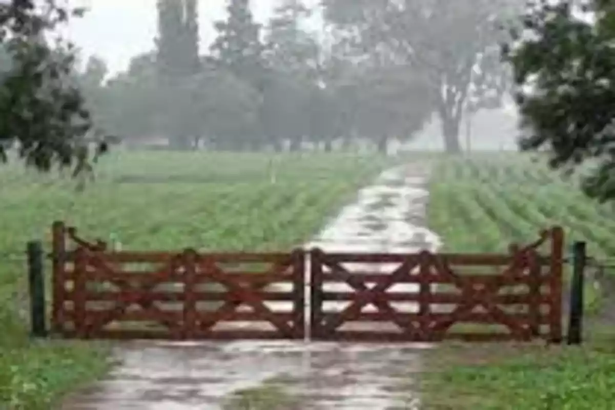 Portón de madera cerrado en la entrada de un campo bajo la lluvia Portón de madera cerrado en la entrada de un campo bajo la lluvia