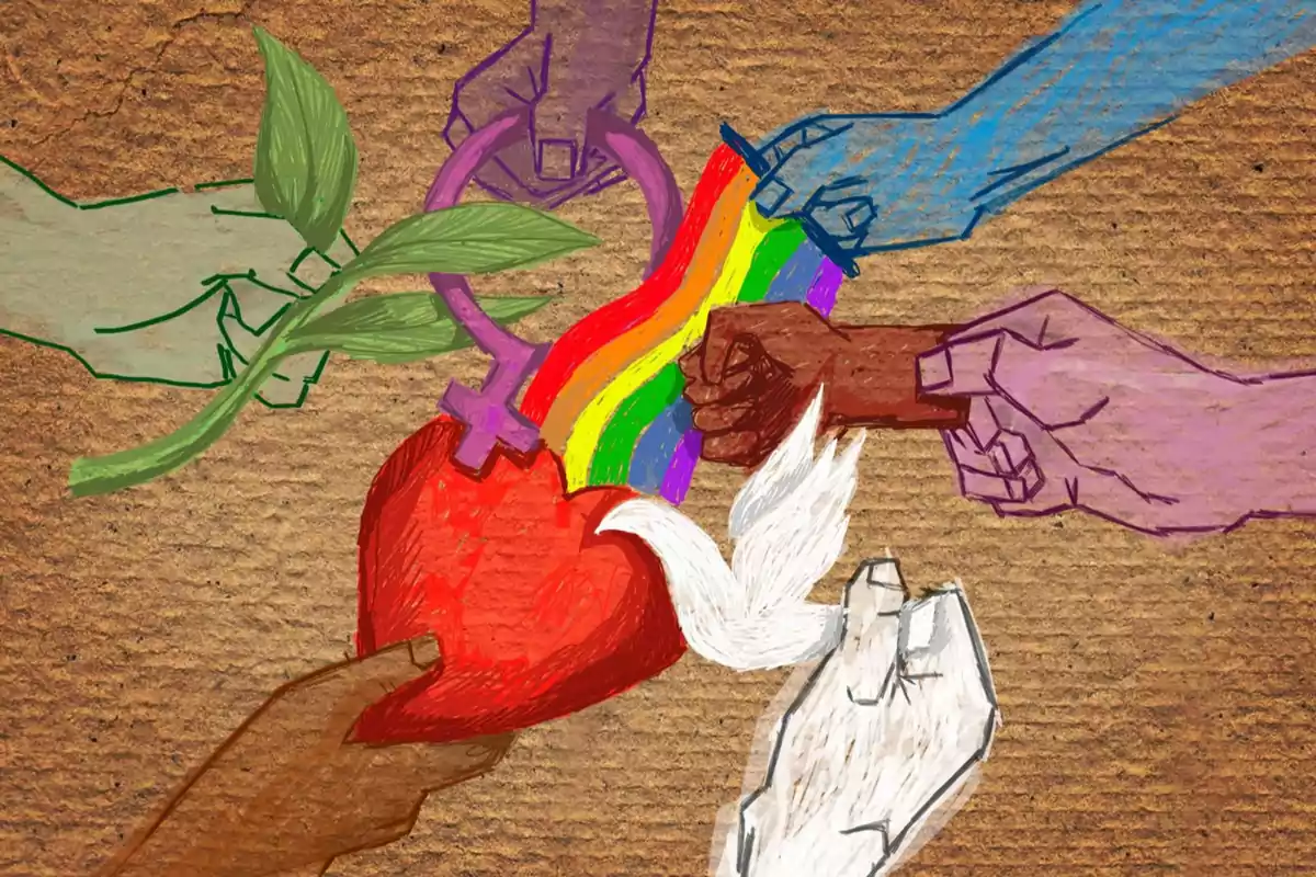 Illustration of several hands of different colors holding symbols of diversity such as a branch, a heart, the female symbol, a rainbow flag, and a white feather on a textured brown background