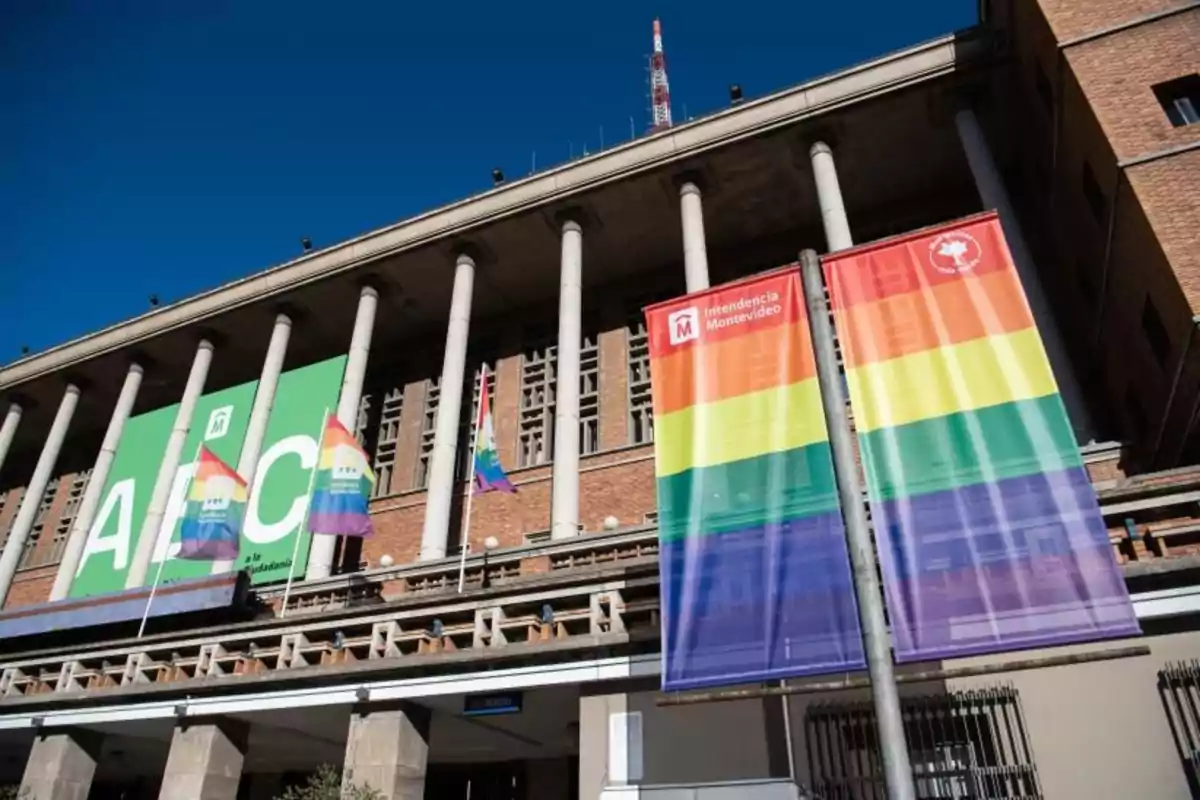 Facade of a building with columns and LGBT pride flags waving and hanging, next to a green sign with large letters and a clear sky.