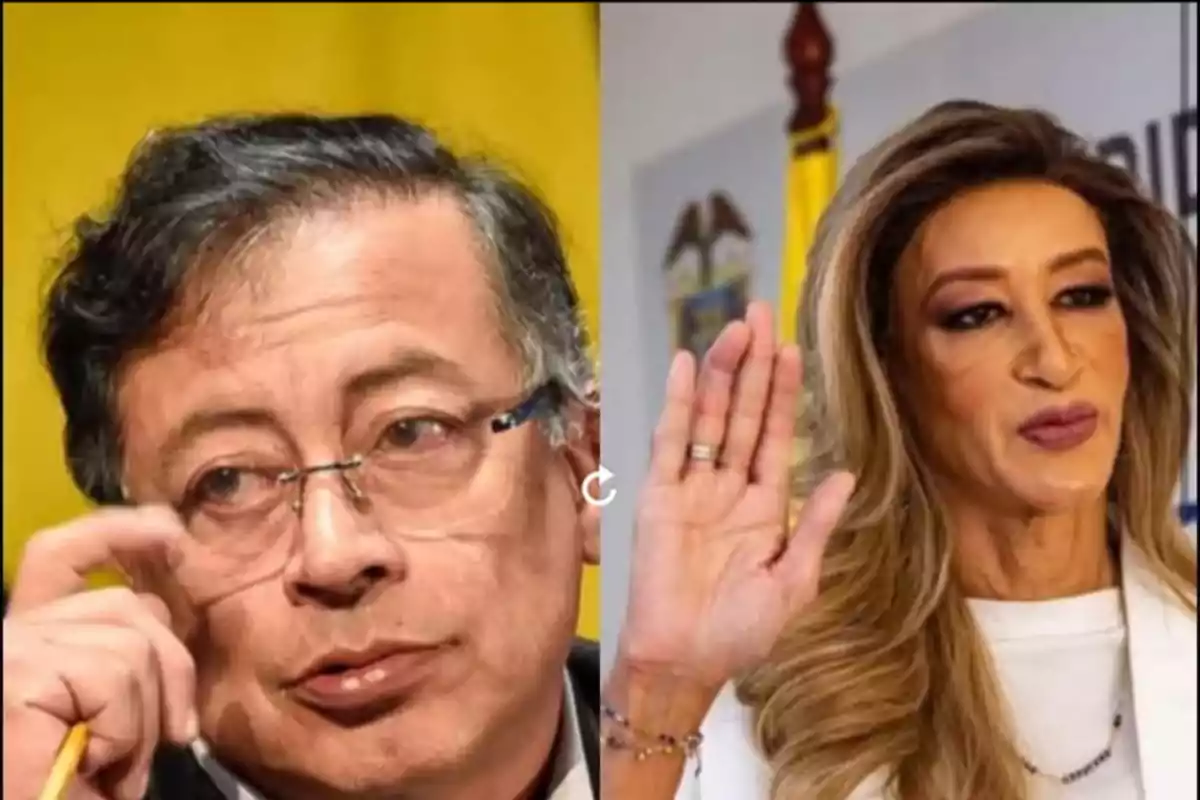Two people in the foreground, one wearing glasses with a yellow background, the other with long blonde hair raising their hand, with a flag in the background.