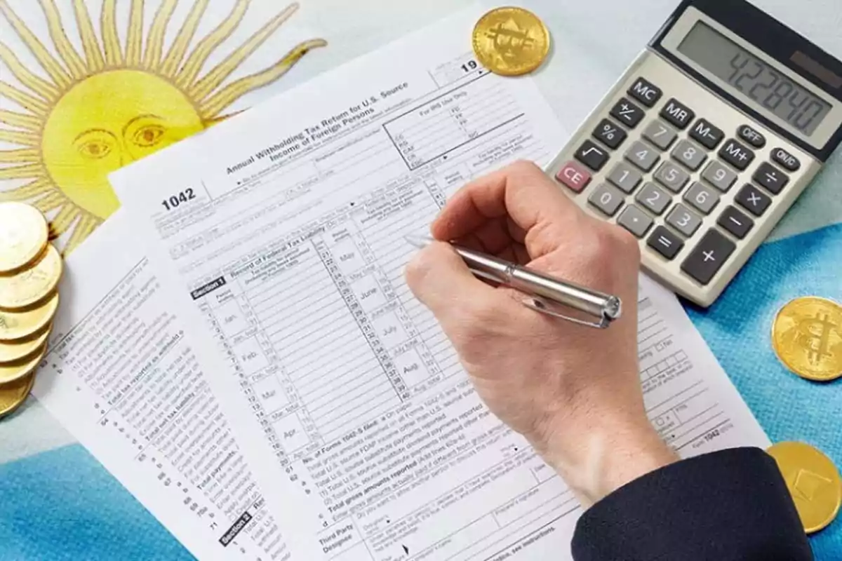 Person filling out a tax form with a calculator, gold coins, and an Argentine flag in the background Person filling out a tax form with a calculator, gold coins, and an Argentine flag in the background