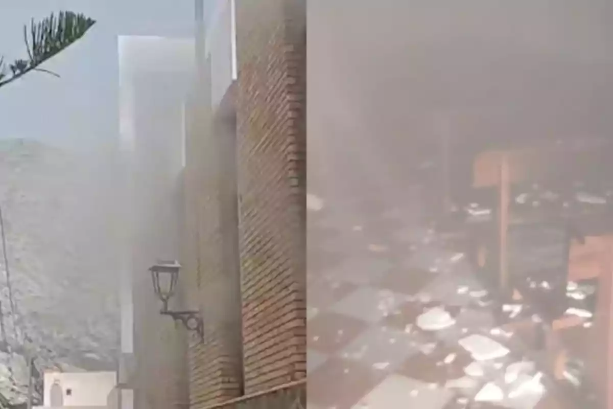 Una calle con paredes de ladrillo y una lámpara antigua cubierta de polvo junto a una habitación interior con escombros y humo en el ambiente Una calle con paredes de ladrillo y una lámpara antigua cubierta de polvo junto a una habitación interior con escombros y humo en el ambiente