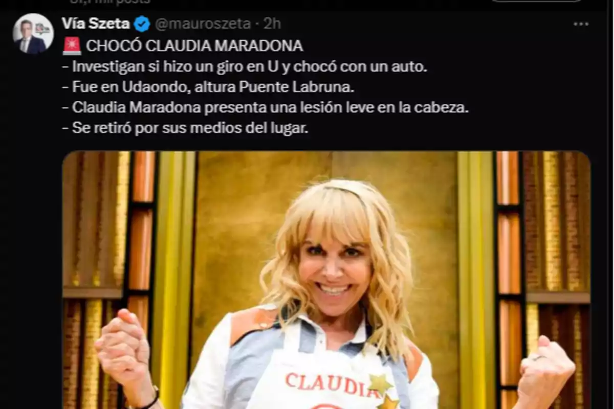 Social media post reporting a traffic accident involving Claudia Maradona, who appears smiling in the picture wearing a kitchen apron with the name Claudia written on it. Social media post reporting a traffic accident involving Claudia Maradona, who appears smiling in the picture wearing a kitchen apron with the name Claudia written on it.