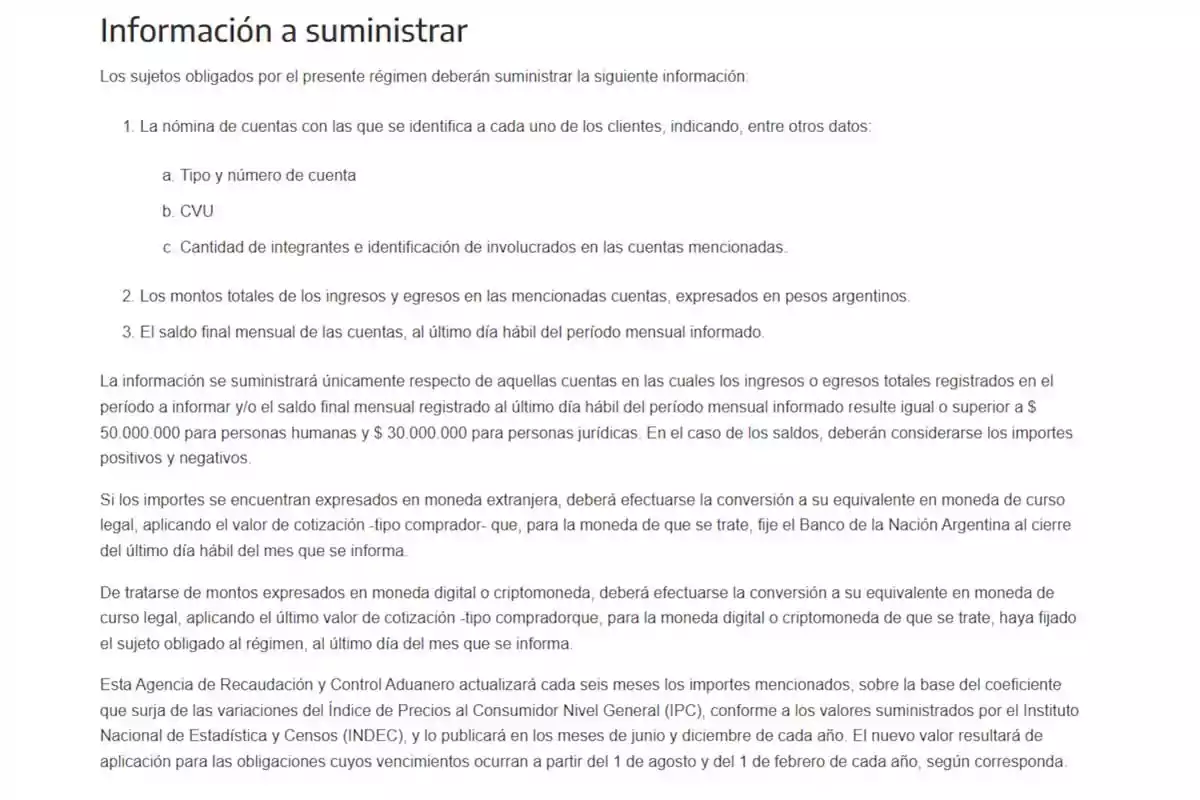 Informative text about the data that obligated parties must provide regarding accounts, income, expenses, and monthly balances, including details on minimum amounts, conversion of foreign and digital currency, and updating amounts according to the price index. Informative text about the data that obligated parties must provide regarding accounts, income, expenses, and monthly balances, including details on minimum amounts, conversion of foreign and digital currency, and updating amounts according to the price index.
