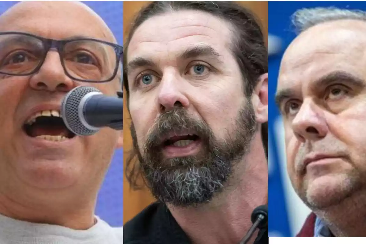 Tres hombres en primer plano, cada uno con una expresión facial diferente, uno hablando frente a un micrófono, otro con barba y cabello largo, y el tercero con expresión seria.