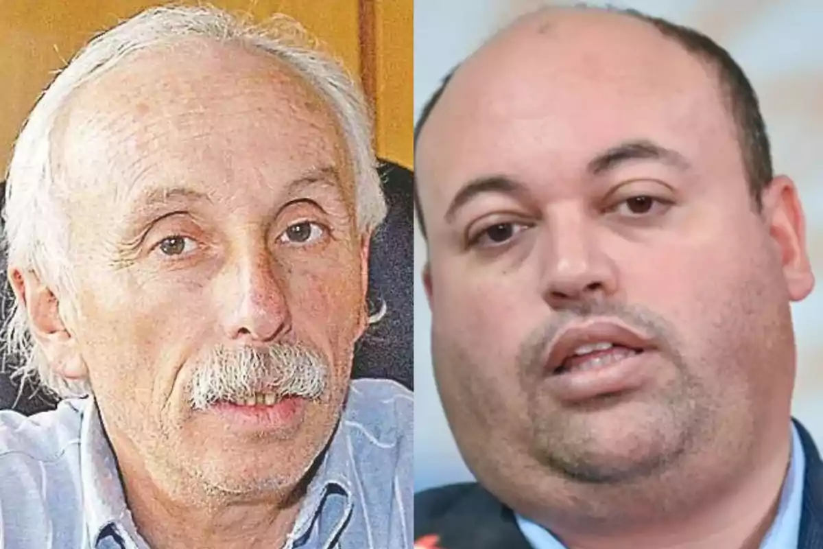 Two middle-aged men, one with gray hair and a mustache, and the other bald with a stubbly beard, appear side by side in a photo montage.