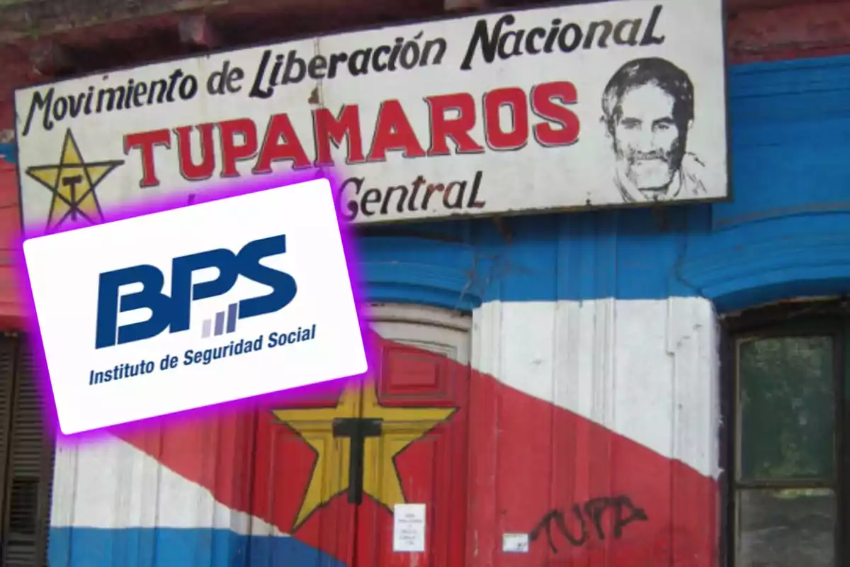 Poster of the Tupamaros National Liberation Movement on a facade painted with the colors of the Uruguayan flag and a yellow star, with the BPS Social Security Institute logo superimposed in the foreground