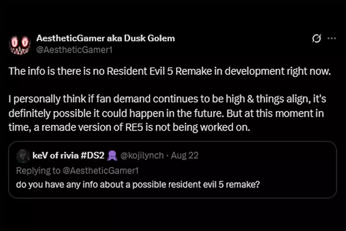 Twitter post where AestheticGamer responds that there is no Resident Evil 5 remake currently in development, although he believes it could happen in the future if fan demand remains high. Twitter post where AestheticGamer responds that there is no Resident Evil 5 remake currently in development, although he believes it could happen in the future if fan demand remains high.