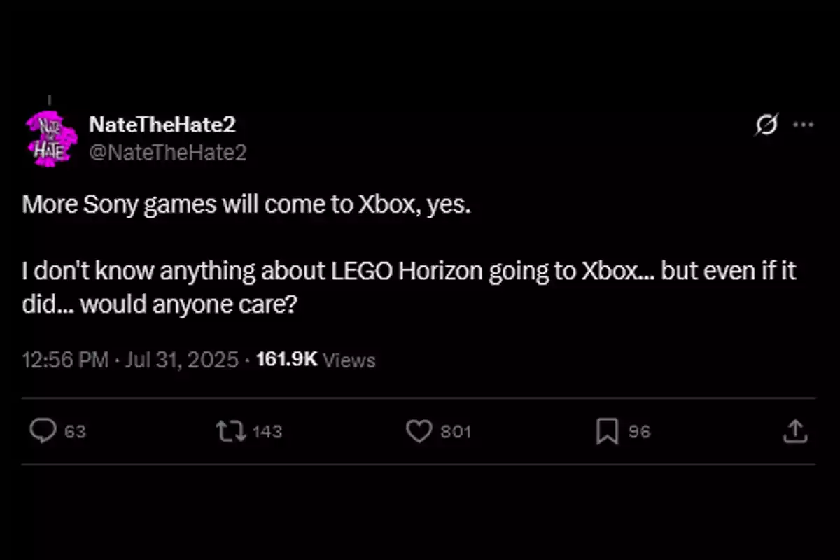 Publicación en X donde un usuario afirma que más juegos de Sony llegarán a Xbox y cuestiona si a alguien le importaría que LEGO Horizon también lo hiciera Publicación en X donde un usuario afirma que más juegos de Sony llegarán a Xbox y cuestiona si a alguien le importaría que LEGO Horizon también lo hiciera