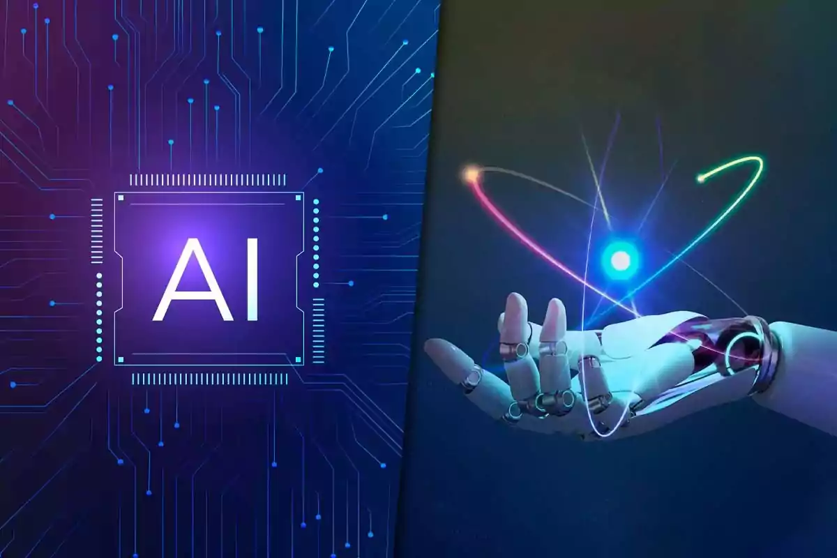 Illustration of a chip with the letters AI next to a robotic hand holding a shiny object with futuristic light effects