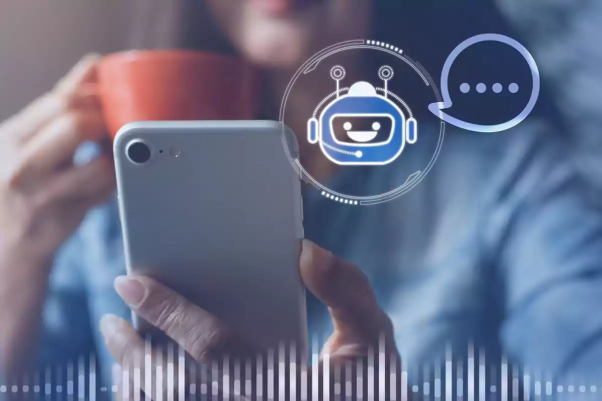 Persona sosteniendo un teléfono móvil mientras toma una taza y aparecen iconos digitales de un chatbot y un mensaje en la pantalla