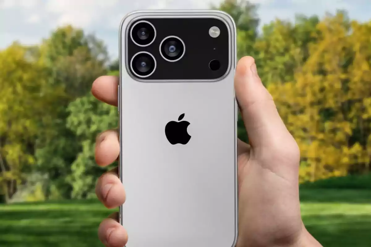 Persona sosteniendo un iPhone plateado con triple cámara en un entorno al aire libre con árboles al fondo Persona sosteniendo un iPhone plateado con triple cámara en un entorno al aire libre con árboles al fondo