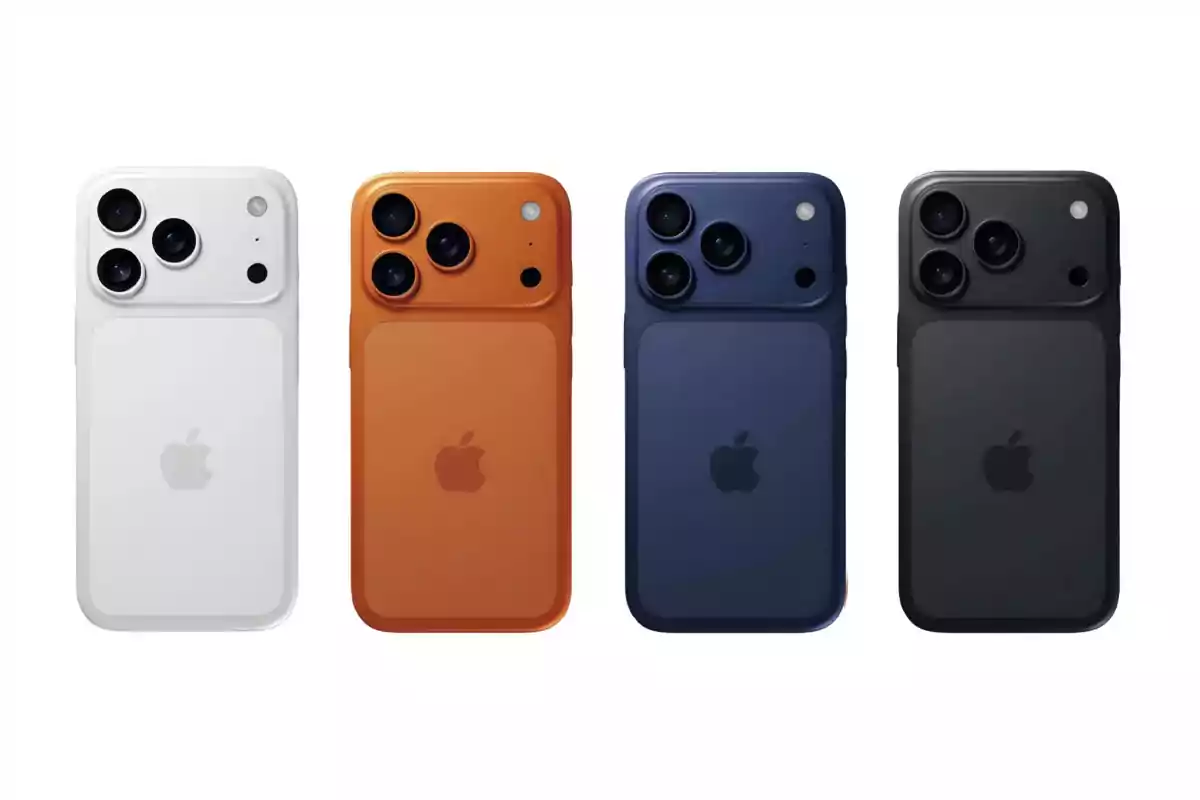 Cuatro teléfonos inteligentes de Apple en colores blanco, naranja, azul y negro vistos desde la parte trasera Cuatro teléfonos inteligentes de Apple en colores blanco, naranja, azul y negro vistos desde la parte trasera