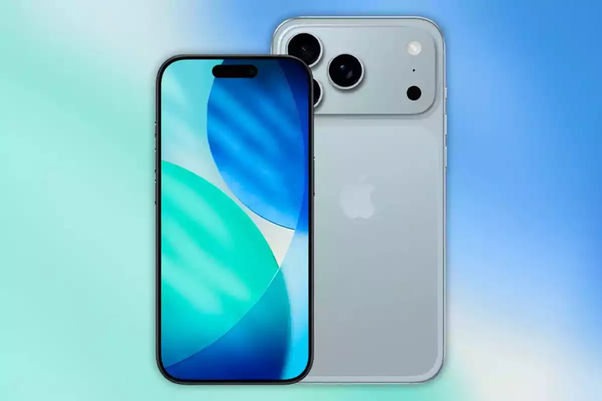 Dos teléfonos inteligentes de Apple en color azul claro uno mostrando la pantalla encendida y el otro mostrando la parte trasera con cámaras triples Dos teléfonos inteligentes de Apple en color azul claro uno mostrando la pantalla encendida y el otro mostrando la parte trasera con cámaras triples