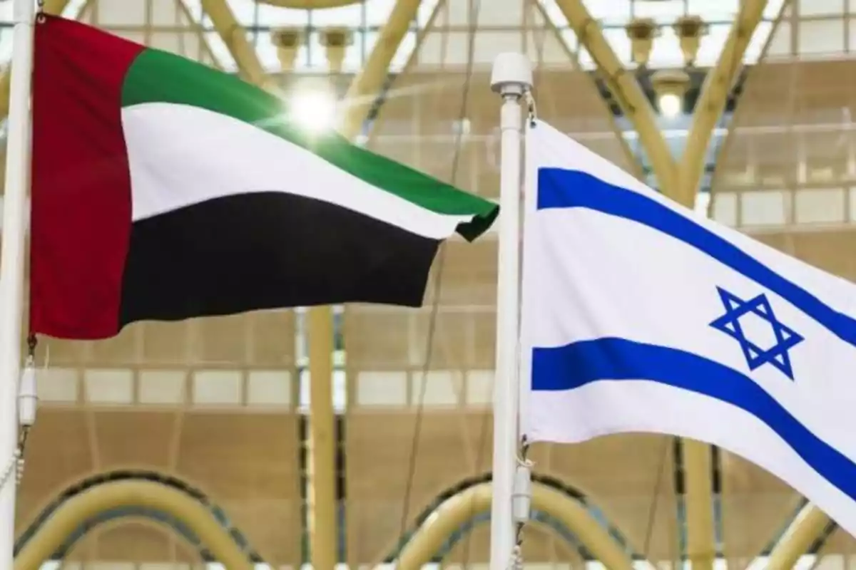 Flags of the United Arab Emirates and Israel waving together in a modern, bright setting