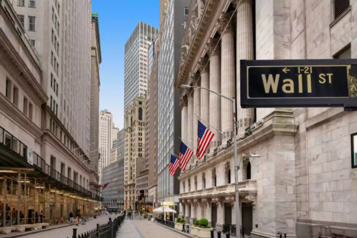 Wall Street in New York with tall buildings, American flags, and a sign indicating the name of the street Wall Street in New York with tall buildings, American flags, and a sign indicating the name of the street