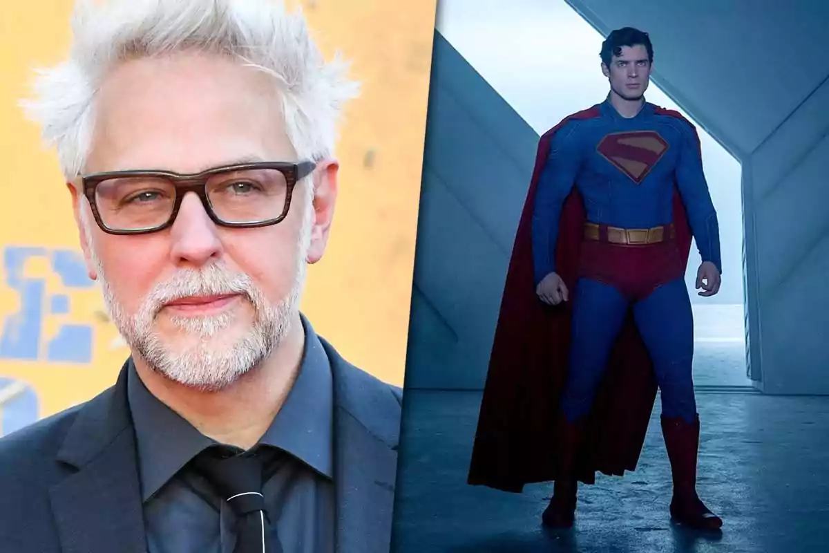 Un hombre de cabello canoso y gafas aparece al lado de un personaje vestido con el traje clásico de Superman