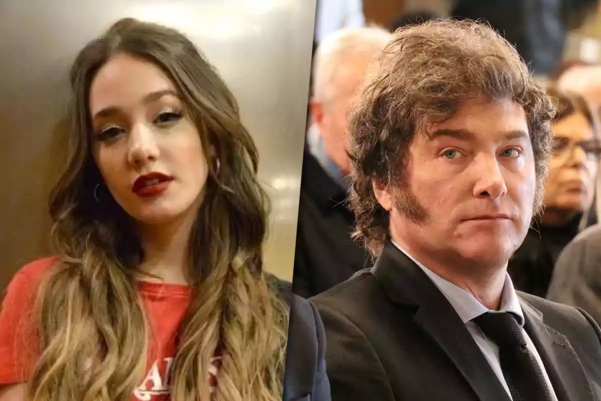 Una mujer joven con cabello largo y suelto y un hombre de cabello rizado y patillas, ambos mirando a la cámara, en una imagen dividida en dos partes