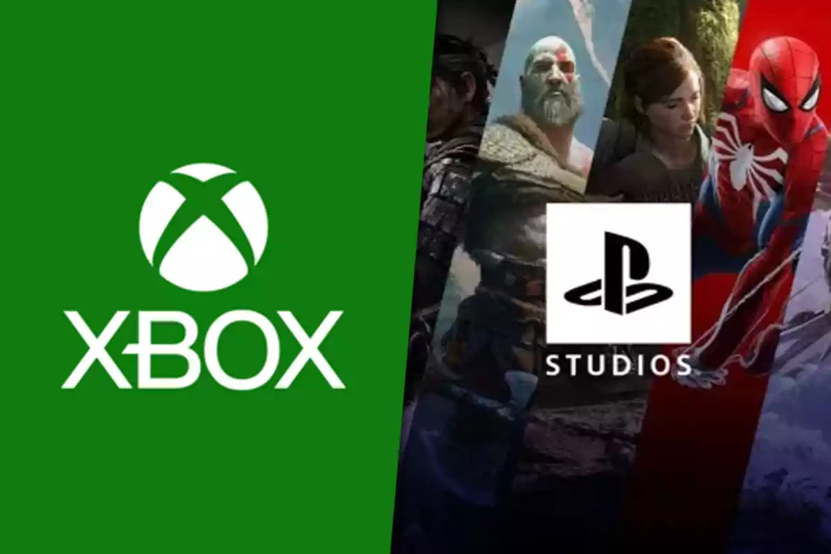 Comparativa entre Xbox y PlayStation Studios con sus respectivos logotipos y personajes icónicos de videojuegos