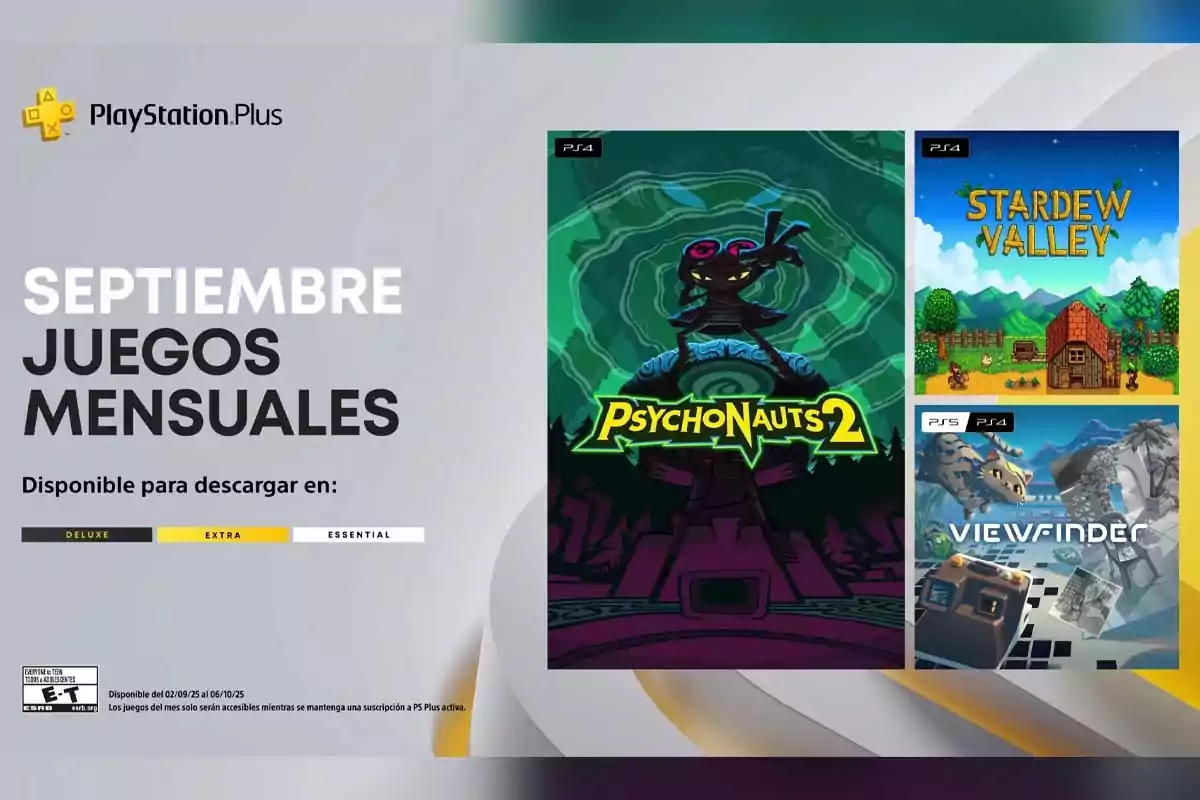 PlayStation Plus promotion announcing the September monthly games, including Psychonauts 2, Stardew Valley, and Viewfinder, available to download on the Deluxe, Extra, and Essential plans. PlayStation Plus promotion announcing the September monthly games, including Psychonauts 2, Stardew Valley, and Viewfinder, available to download on the Deluxe, Extra, and Essential plans.