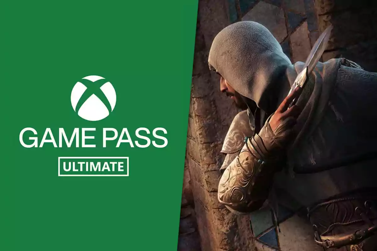 Xbox Game Pass Ultimate promotion alongside a hooded video game character holding a dagger