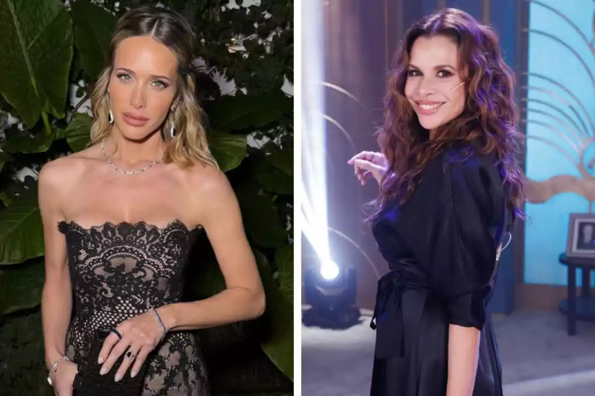 Dos mujeres posan en diferentes escenarios, una con vestido negro de encaje y la otra con vestido oscuro y cabello rizado, ambas lucen elegantes y sonrientes.