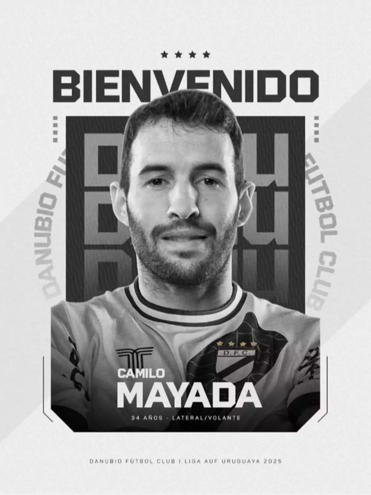 Fotografía en blanco y negro de un futbolista con la camiseta de Danubio y un texto de bienvenida al club Fotografía en blanco y negro de un futbolista con la camiseta de Danubio y un texto de bienvenida al club